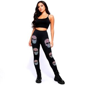 VOCAL Apparel XL Sugar Skull Rhinestone Leggings Bling Biker Chic Black 14587P